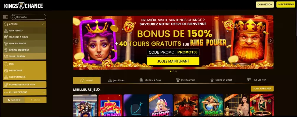 King Chance casino bonus 150% et 40 tours gratuits